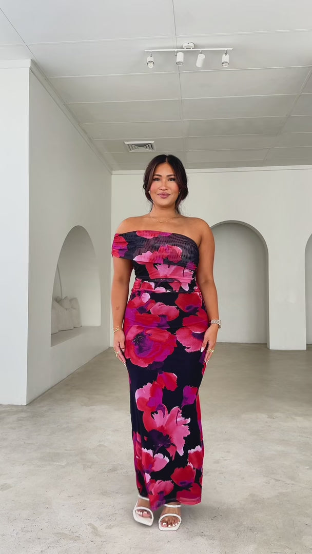 Salem Mesh Maxi Dress - Black Red Floral