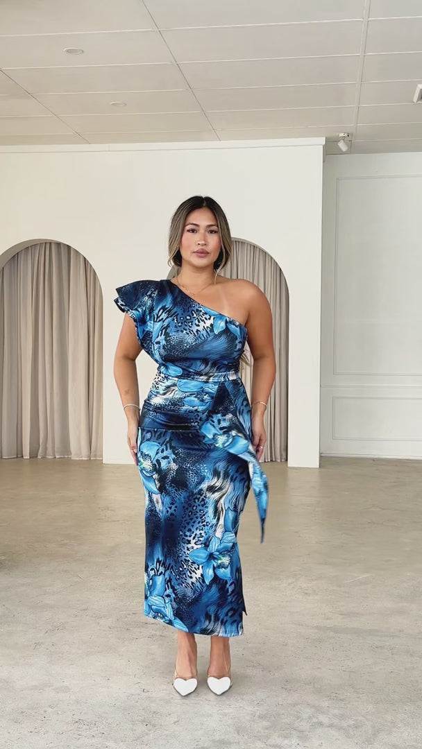 Jacee Midi Dress - Blue Leopard Floral