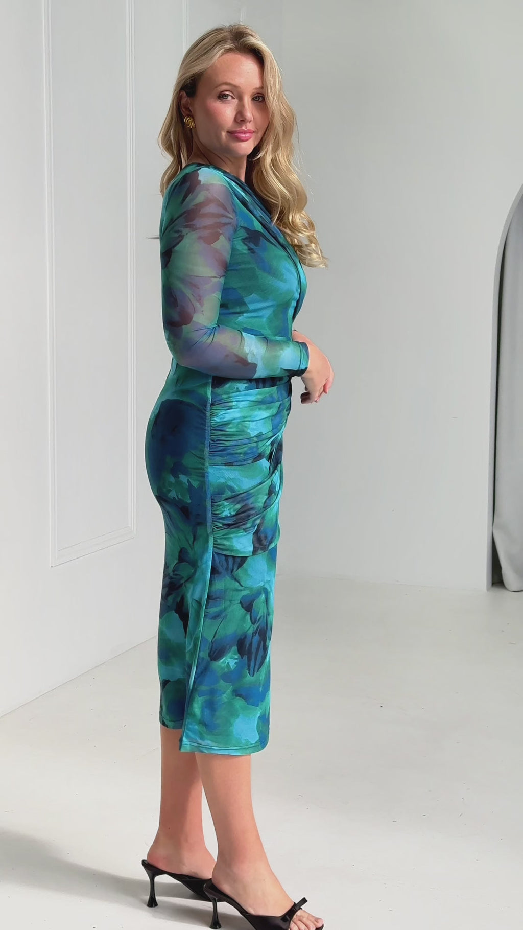 Benita Mesh Midi Dress - Green Blue Print