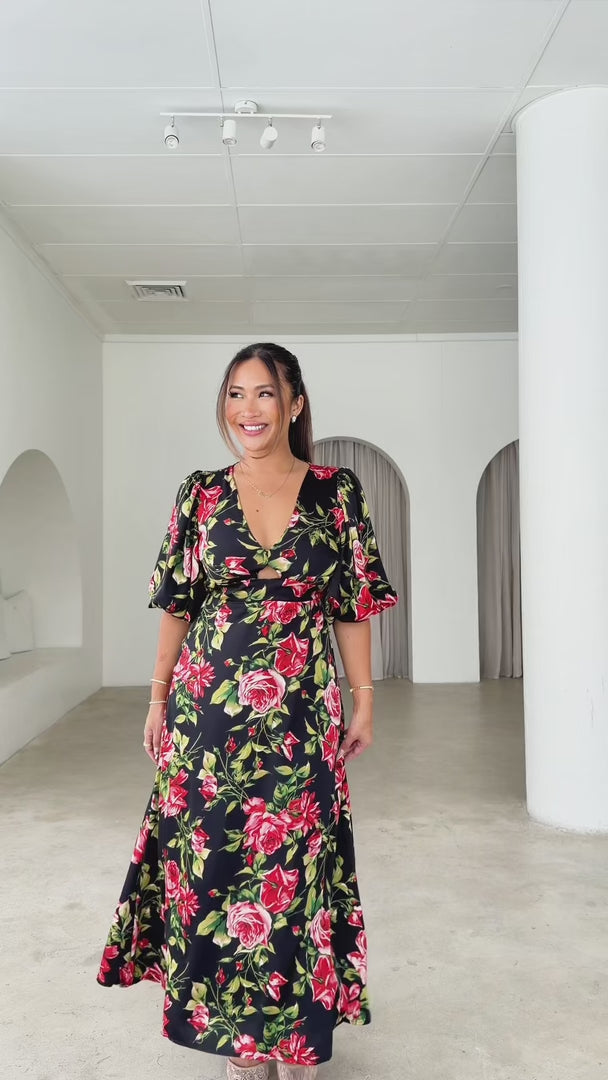 Liora Short Sleeve Maxi Dress - Black Red Floral