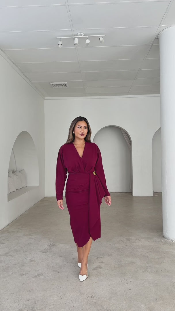 Indra Long Sleeve Midi Dress - Wine