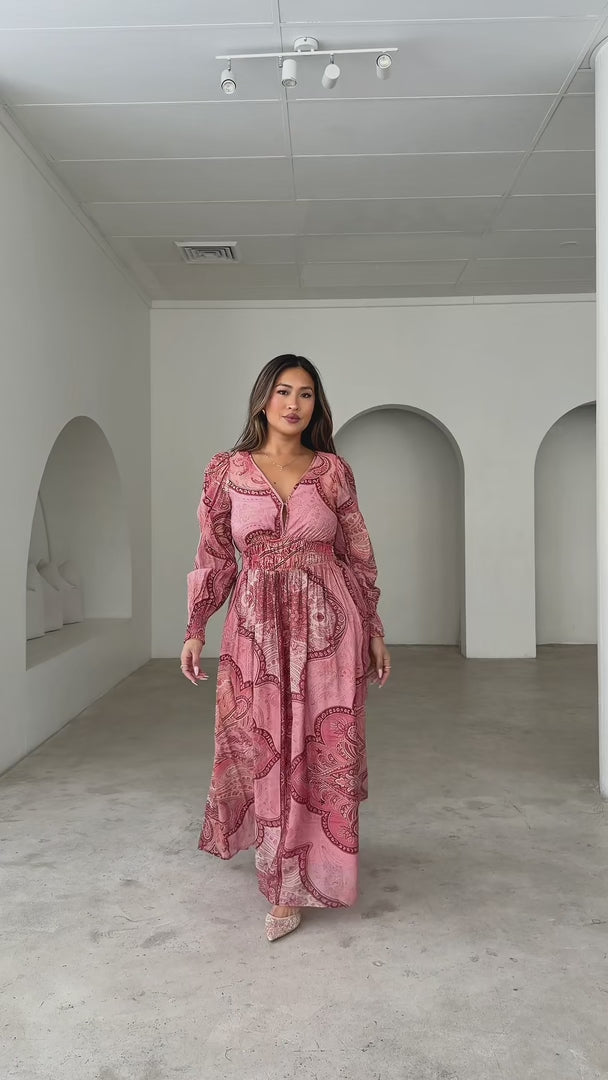Monique Long Sleeve Maxi Dress - Pink Print