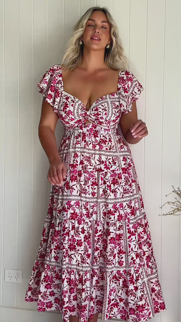 Odessey Shirred Back Panel Maxi Dress - White Pink Floral