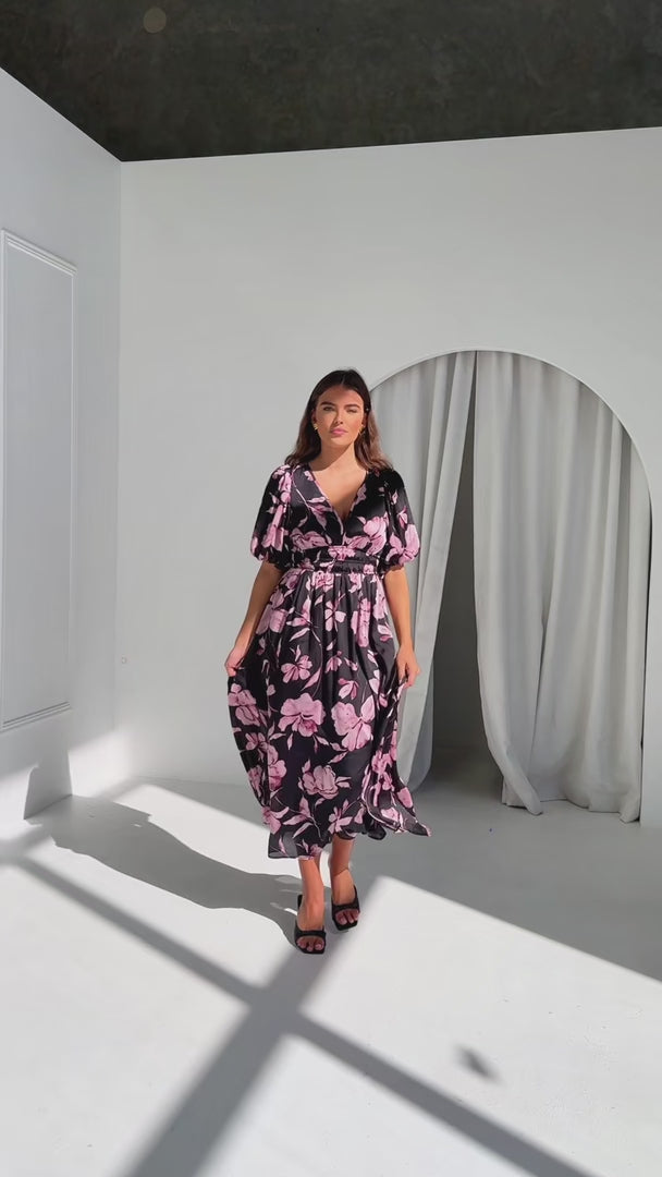 Monique Puff Sleeve Maxi Dress - Black Purple Floral