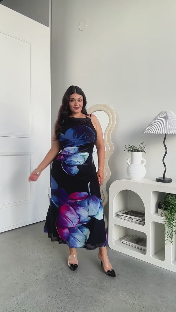 Evoke Mesh Maxi Dress - Black Blue Multi Floral
