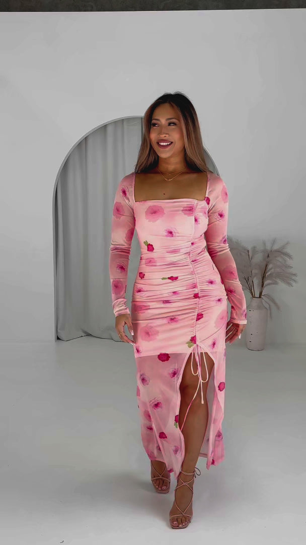 Kaisanna Mesh Maxi Dress - Peach Pink Floral