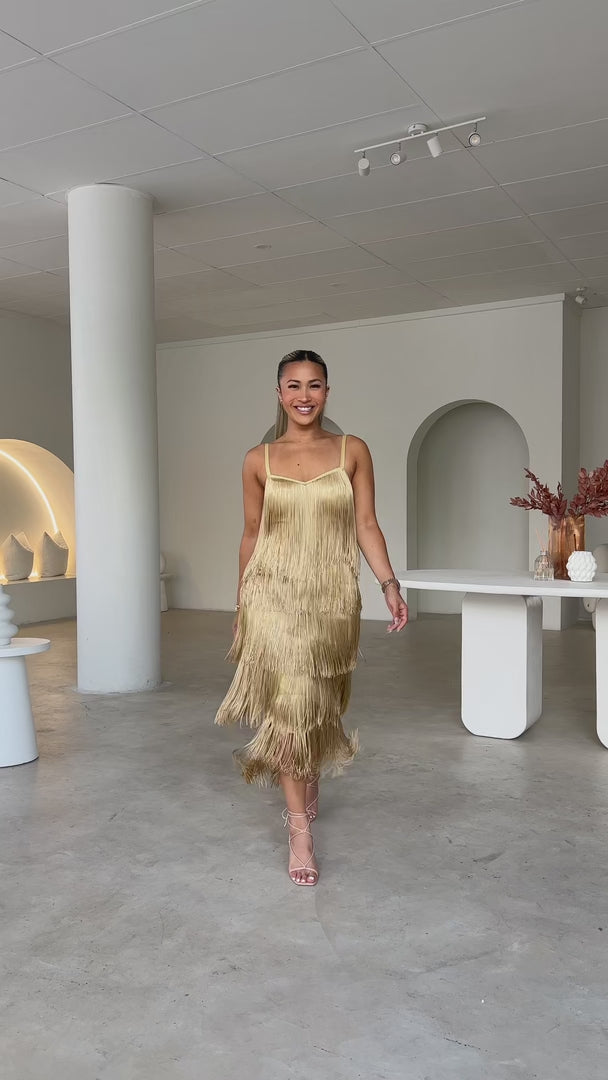 You Found Me Fringe Tassel Maxi Dress - Gold