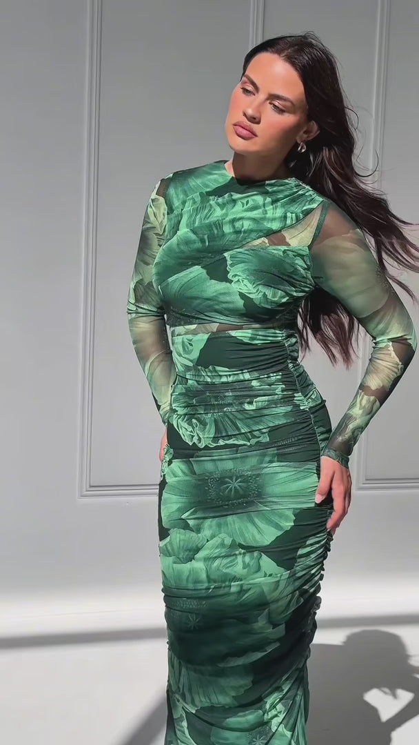Olida Long Sleeve Mesh Maxi Dress - Green Floral