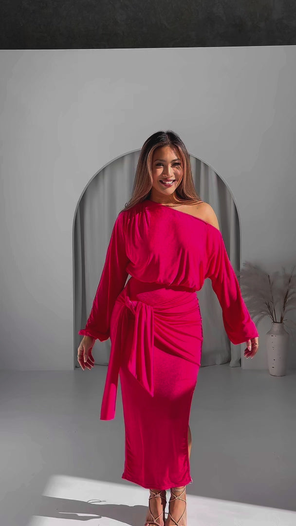 Kobe Long Sleeve Midi Dress - Watermelon Pink Sheen