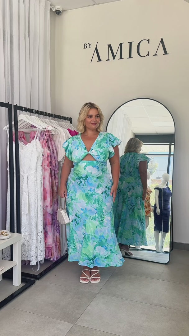 Kamala Flutter Sleeve Maxi Dress - Blue Green Floral