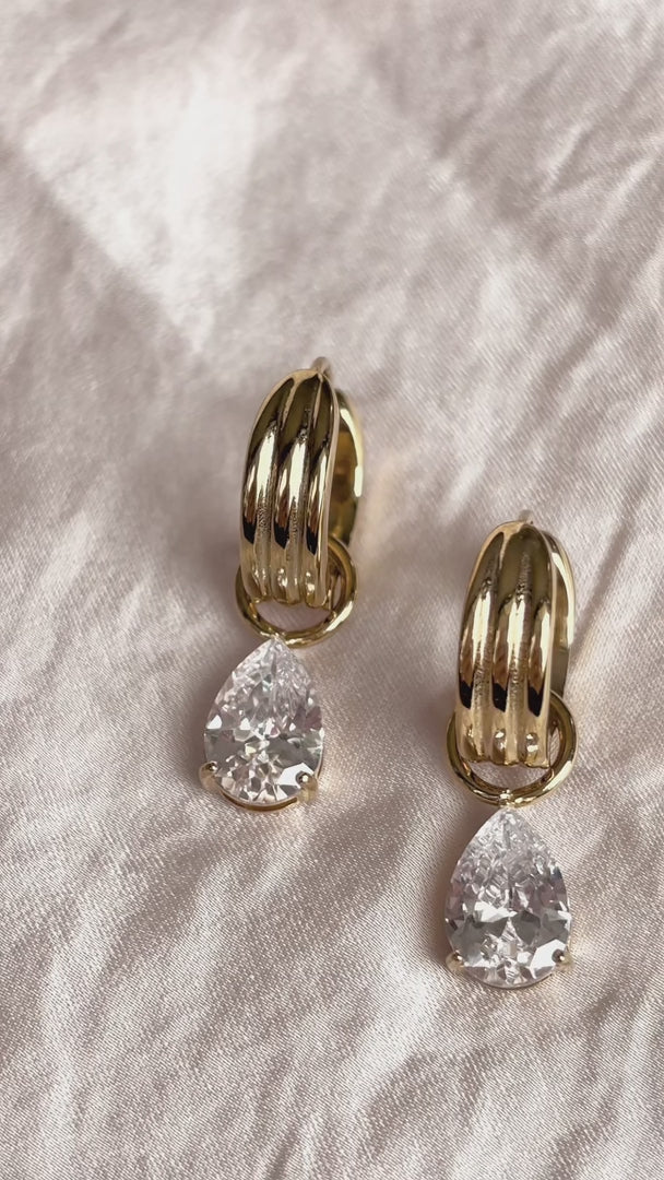 Loren Hoop Charm Earrings - Gold Teardrop Stone