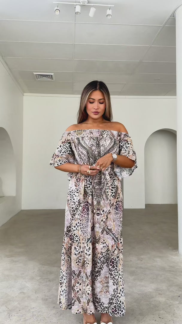 Gamela Gem Embellished Maxi Dress - Beige Leopard Multi Print