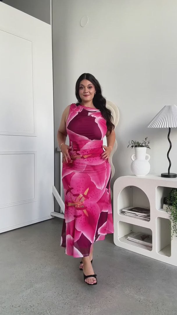Evoke Mesh Maxi Dress - Wine Pink Floral