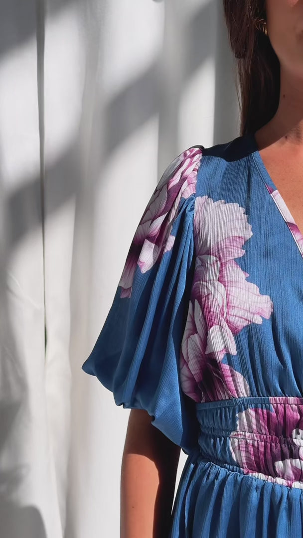 Monique Puff Sleeve Maxi Dress - Steel Blue Mauve Floral