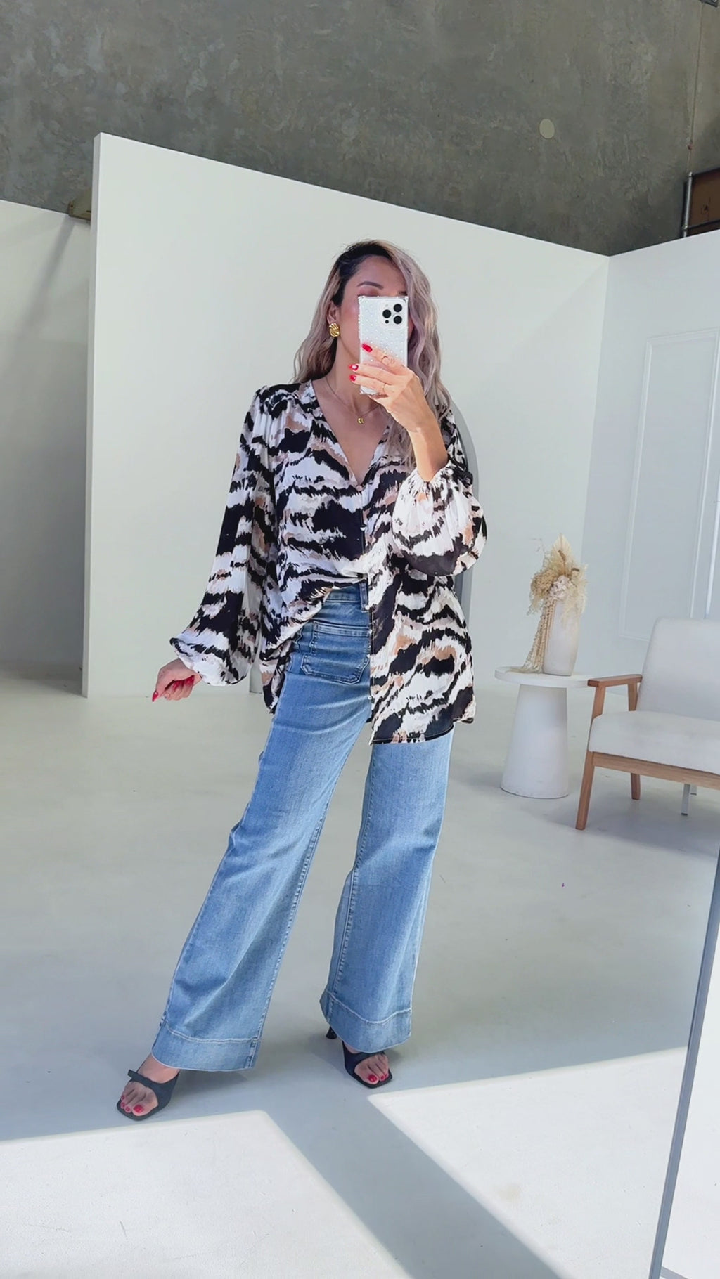Blake Shirt Blouse - Tan Multi Abstract Print