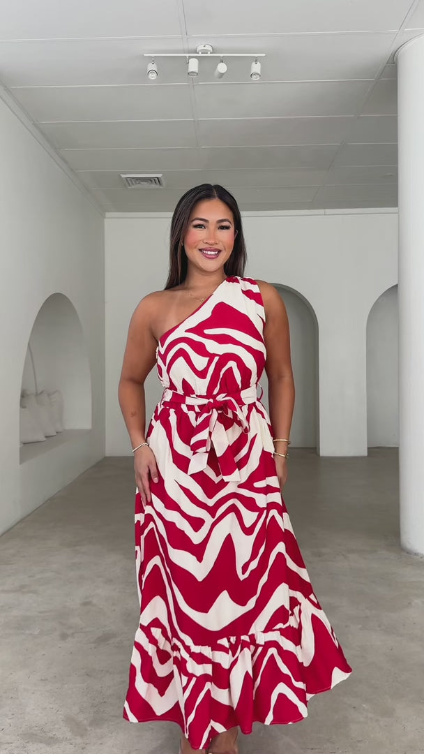 Devina Maxi Dress - Red Cream Abstract Print