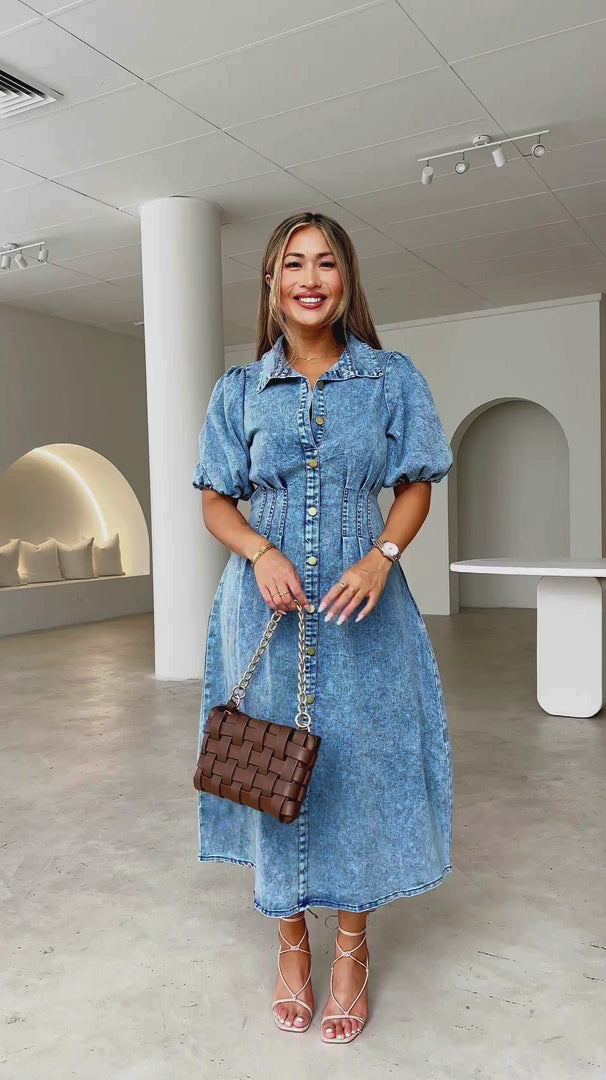Brimble Puff Sleeve Denim Midi Dress - Blue