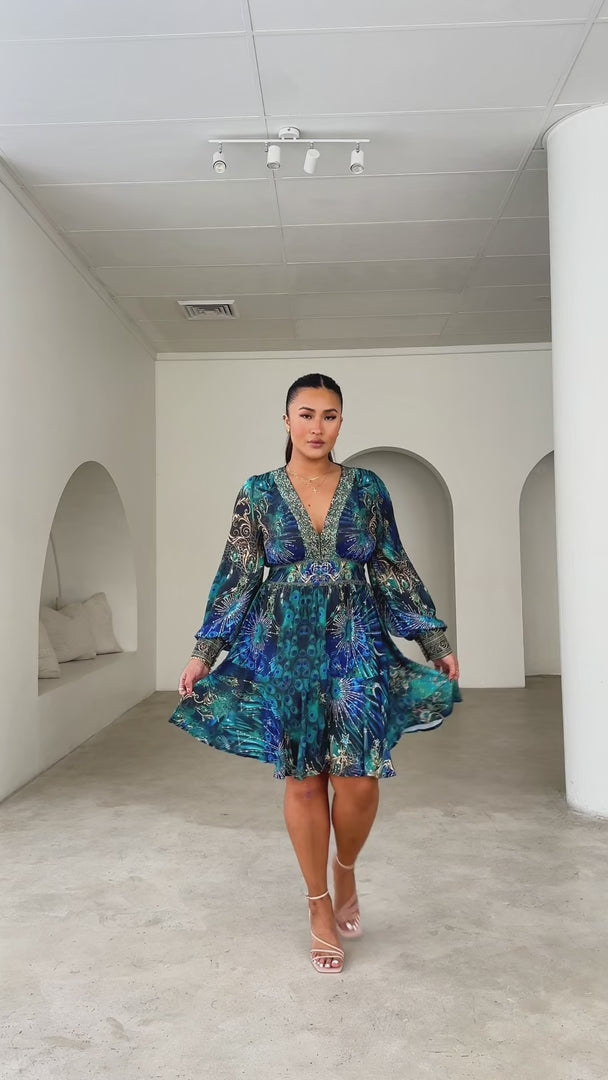 Mayura Gem Embellished Mini Dress - Peacock Print